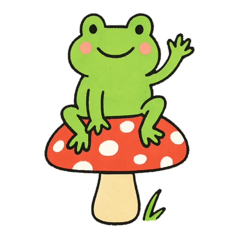 Clip art frog doodle of a little frog sitting on top of a red spotted mushroom