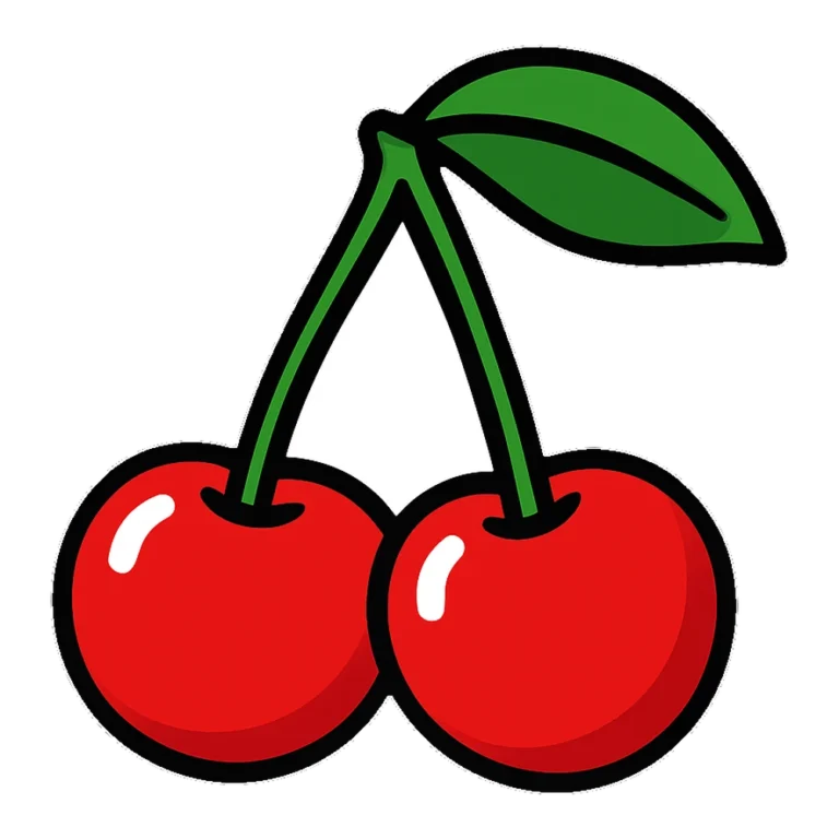Cherry clipart of two shiny red cherries joined on one stem with a leaf