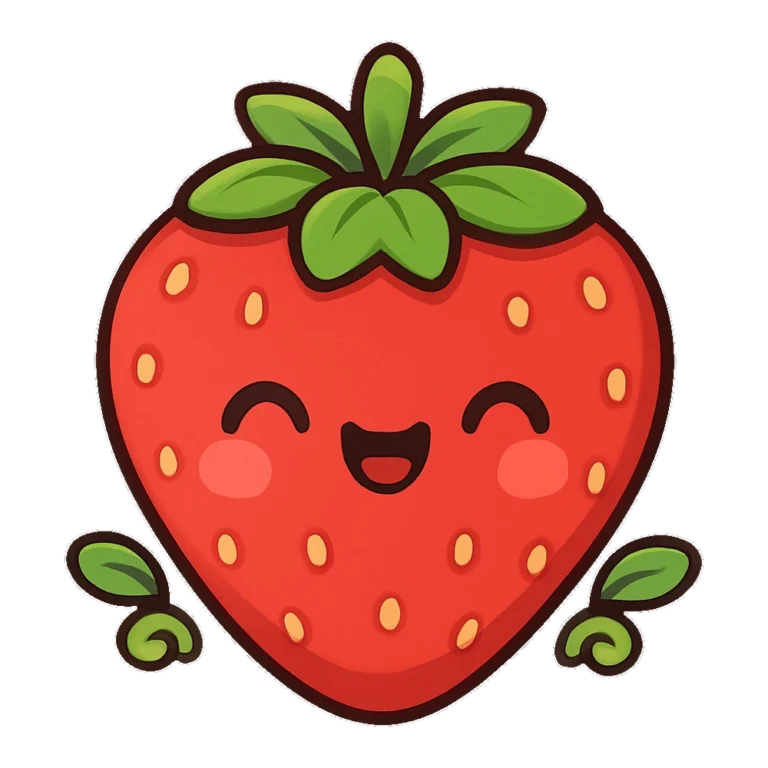 Strawberry clipart of a cute smiling red berry with a leafy green top