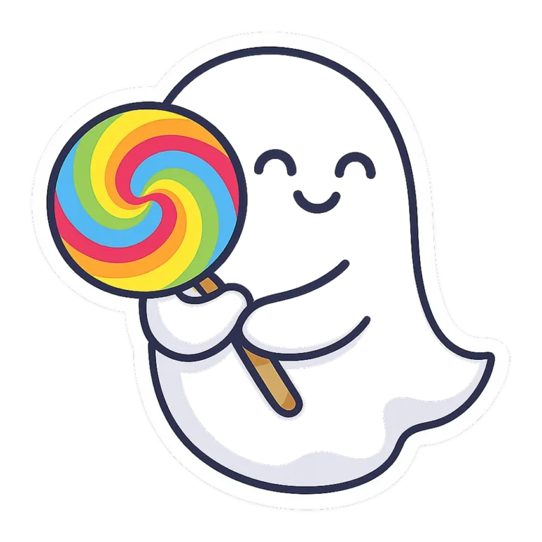Ghost sticker clipart of a smiling ghost holding a big swirl lollipop