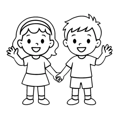Boy and girl clipart outline of two kids holding hands and waving hello