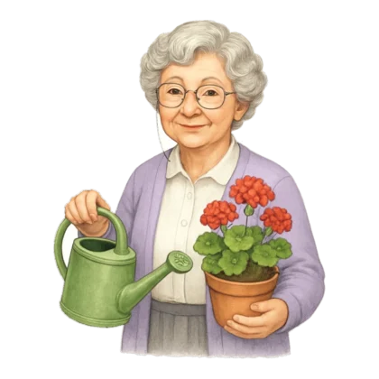 Old lady clipart of a smiling grandmother in a cardigan holding a watering can