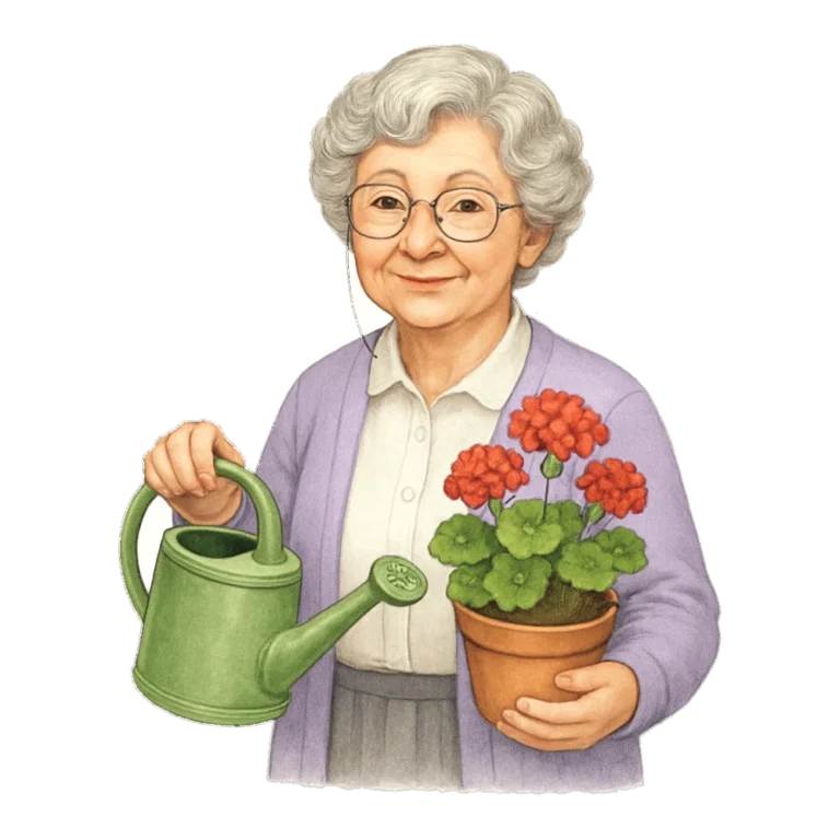 Old lady clipart of a smiling grandmother in a cardigan holding a watering can