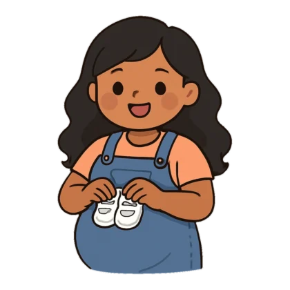 Cute pregnant woman clipart of an expecting mom in overalls holding tiny baby shoes