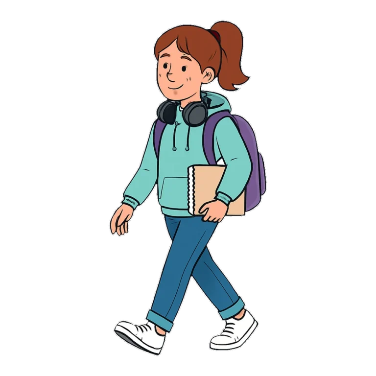 Teen girl clipart of a teenage girl with headphones, a backpack and a notebook