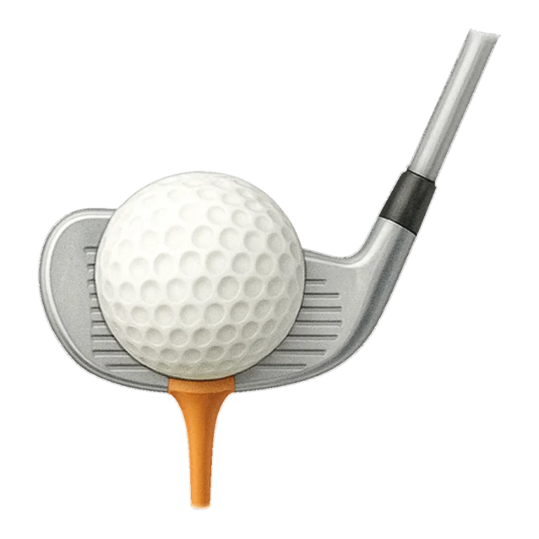 Golf clipart of a white dimpled golf ball on a tee beside a silver club head