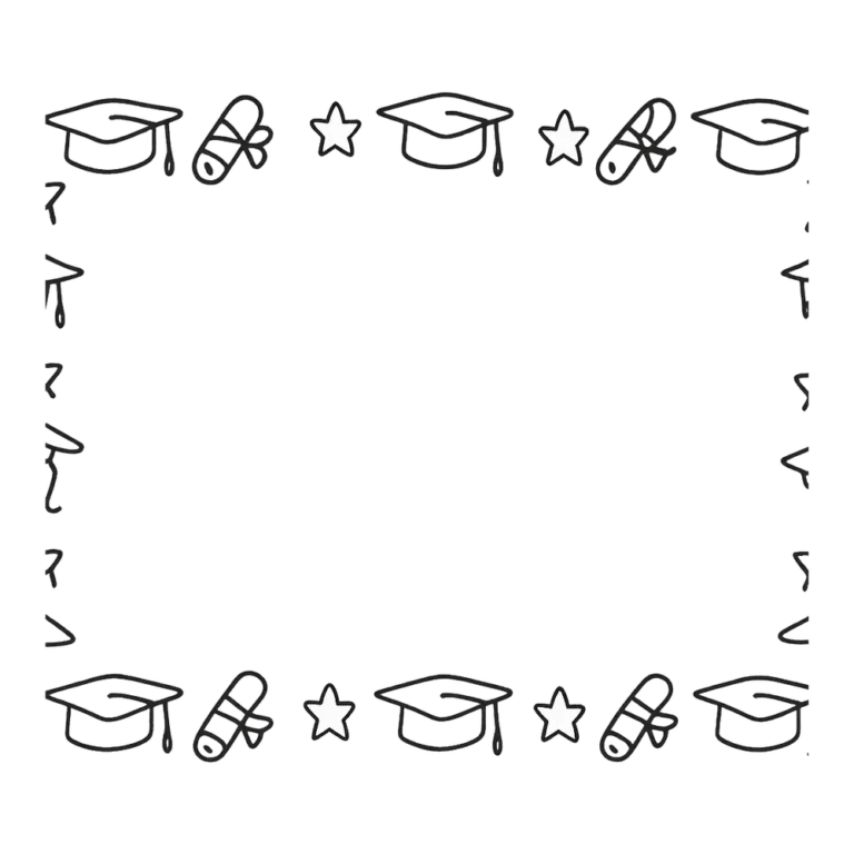Graduation border clipart in black outline with caps, diplomas and stars around an empty middle