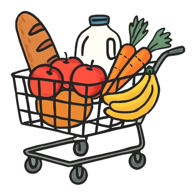 Grocery shopping clipart of a cart filled with bread, apples, milk and carrots
