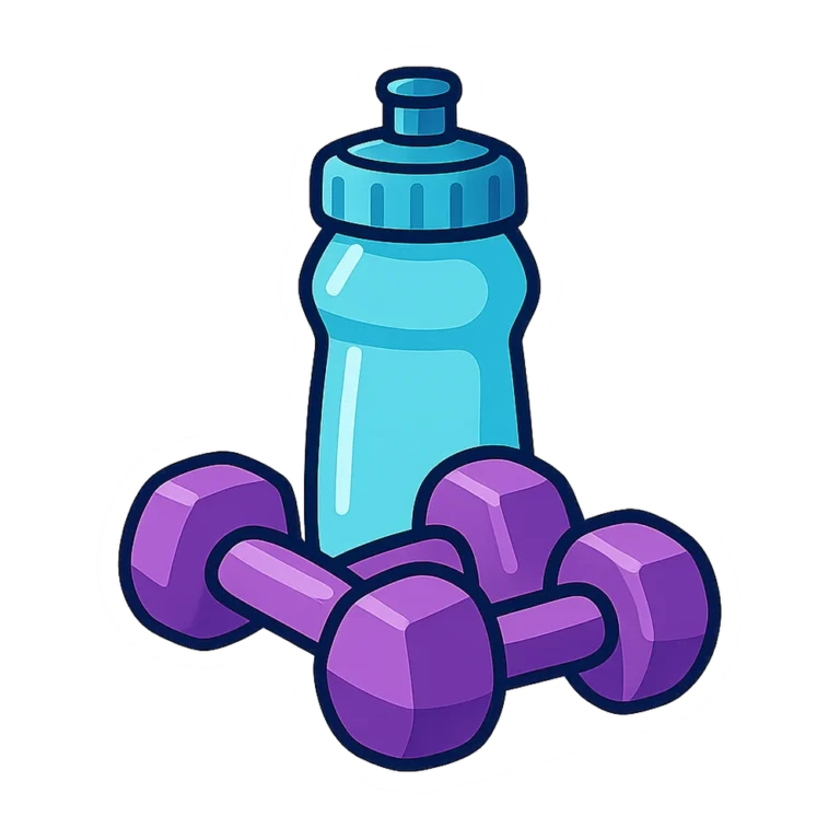 Gym clipart sticker of two purple dumbbells and a water bottle