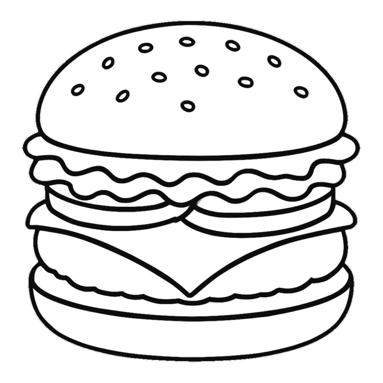 Hamburger clipart black and white outline with a seeded bun, lettuce and cheese