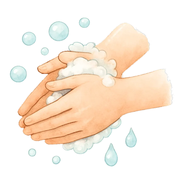 Washing hands clipart of two soapy hands rubbing under bubbles, painted in watercolor