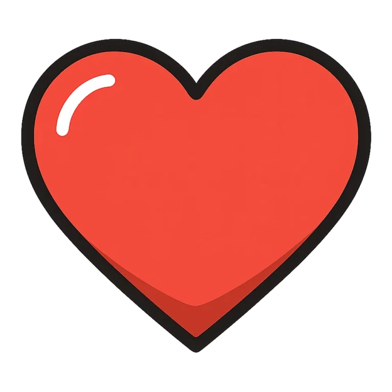 Red heart clipart in flat color with a white shine mark and dark outline