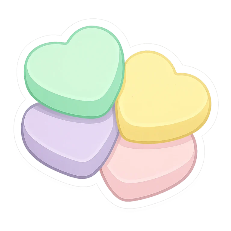 Conversation hearts clipart sticker of four pastel candy hearts in a small pile