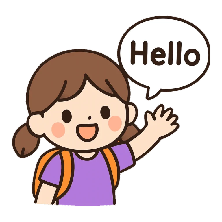Hello clipart of a cute cartoon girl waving with a speech bubble saying Hello
