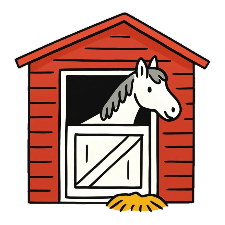 Horse stable clipart doodle of a red barn stall with a horse peeking over the door