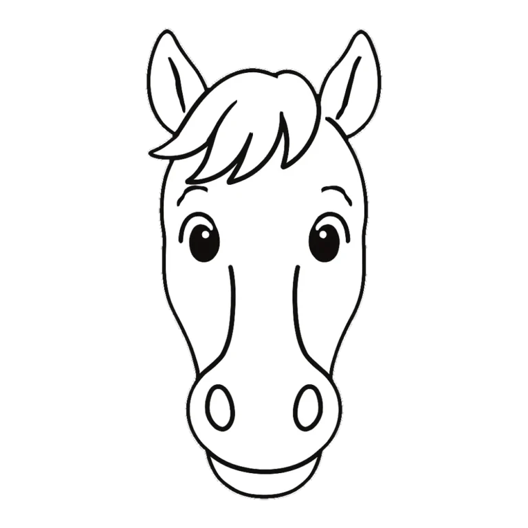 Horse face clipart in black outline, seen from the front with a fluffy forelock