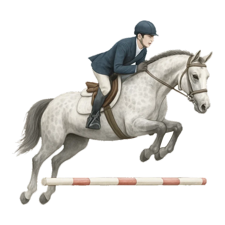 Horse and rider clip art of a realistic gray horse jumping over a striped pole