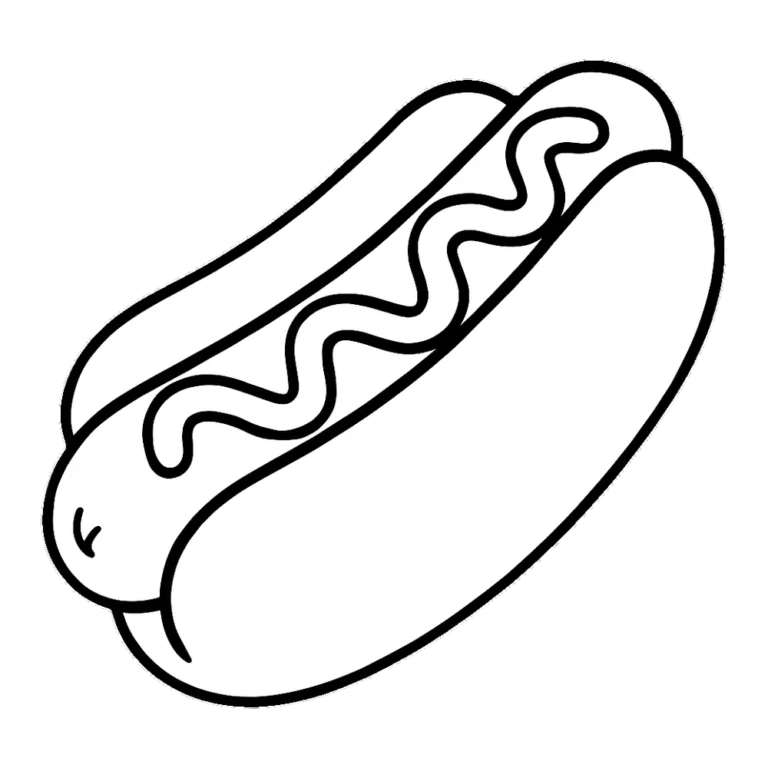Hot dog clipart outline in a bun with a zigzag of mustard, ready to color