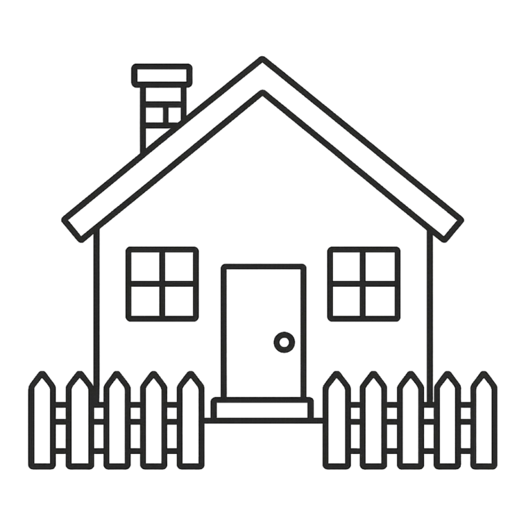 House clipart black and white outline of a simple house with a chimney and fence