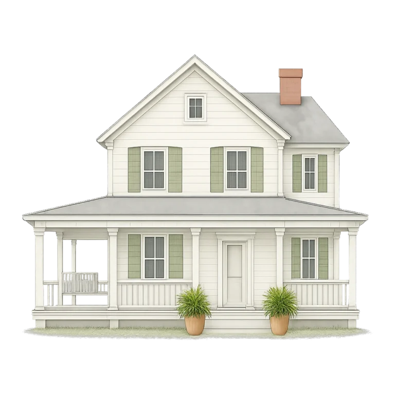 White house clipart of a painted white farmhouse with a wraparound porch and green shutters