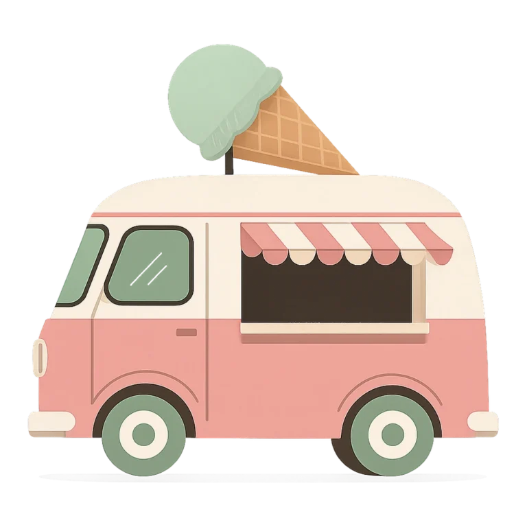 Ice cream truck clipart of a retro pink and white truck with a big cone on top
