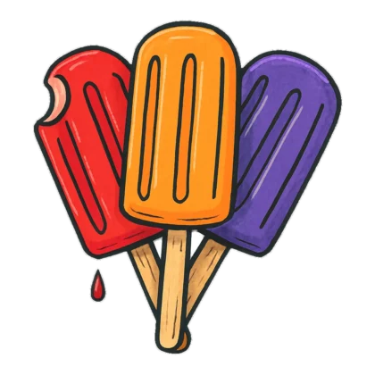 Popsicle clipart doodle of three ice pops in red, orange and purple