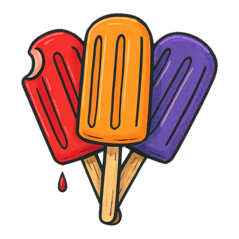 Popsicle clipart doodle of three ice pops in red, orange and purple