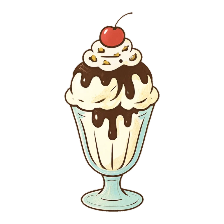 Ice cream sundae clipart of a tall glass with whipped cream, fudge and a cherry