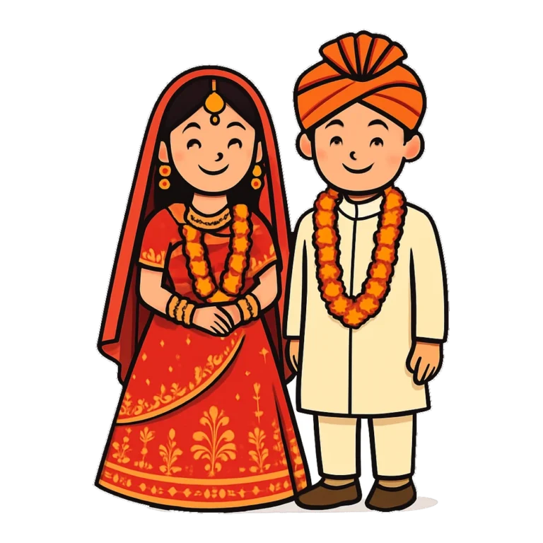 Indian wedding clipart of a cartoon couple in a red lehenga and cream sherwani