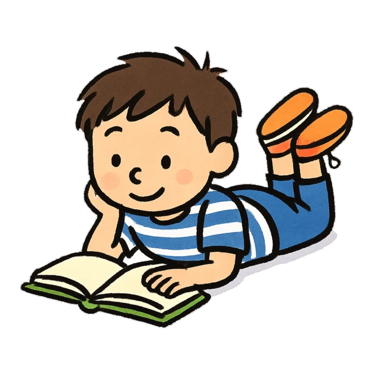 Kids reading clipart doodle of a boy lying on his tummy reading a book