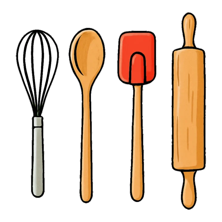 Kitchen clipart doodle of a whisk, wooden spoon, spatula and rolling pin
