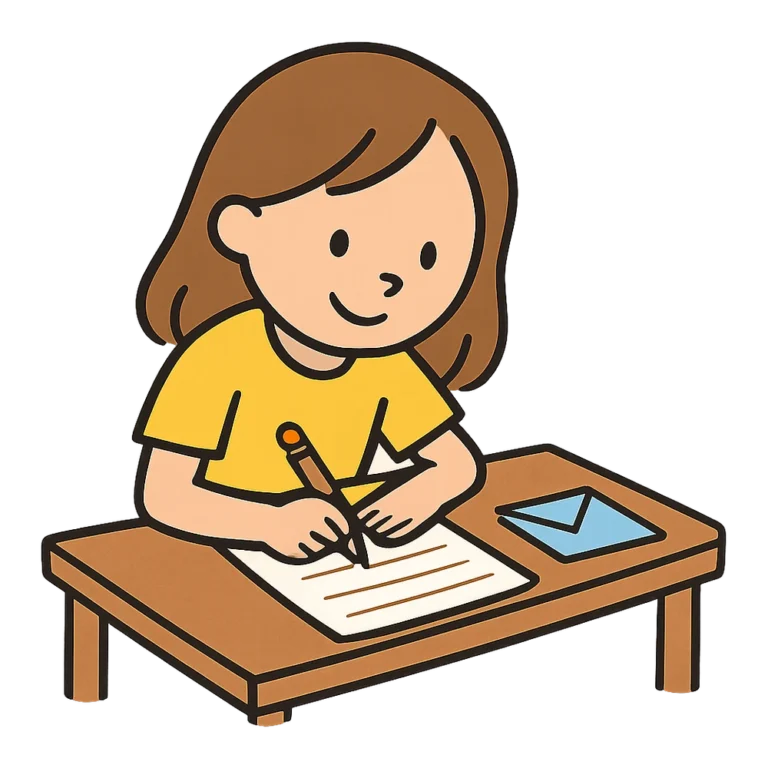 Letters clipart doodle of a girl at a desk writing a note with a pencil
