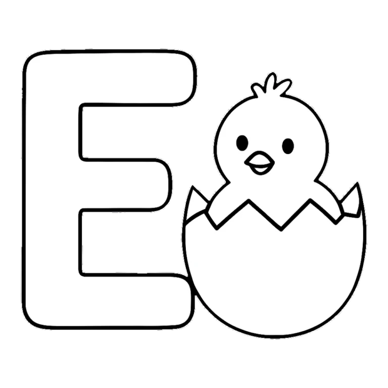 Letter E clipart black and white outline of a capital E beside a cracked egg