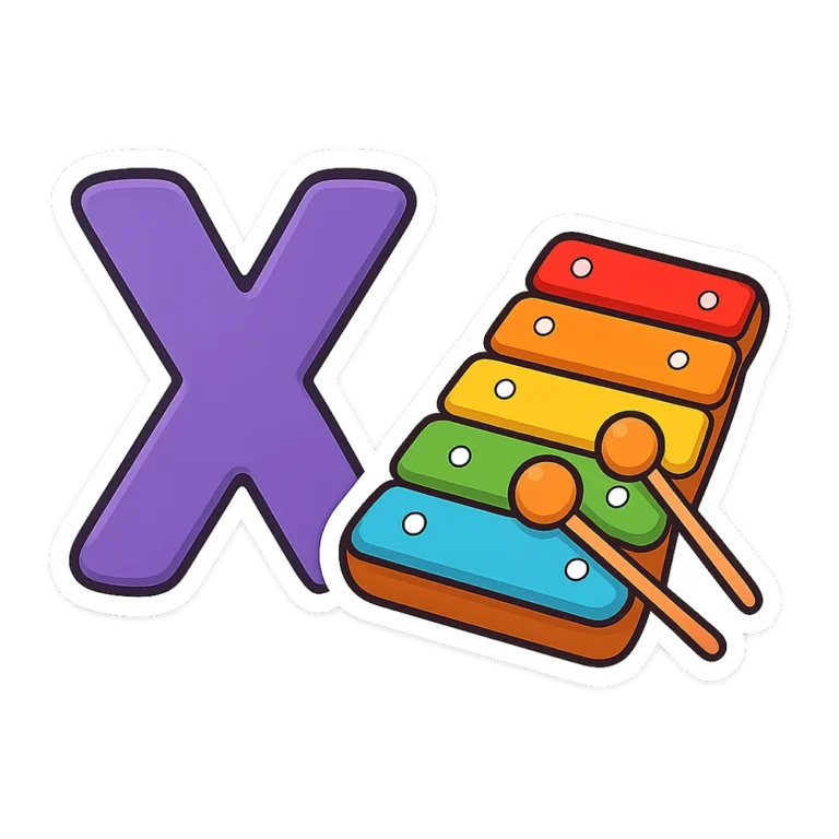 X clipart sticker of a bold purple letter X next to a small rainbow xylophone