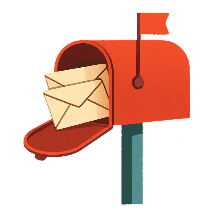 Mail clipart of a retro red mailbox with envelopes peeking out of the open door