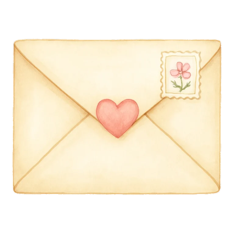 Envelope clipart in watercolor of a cream envelope with a pink heart seal and stamp