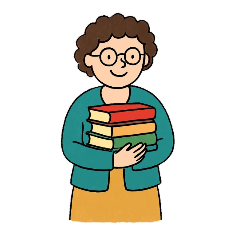 Librarian clipart doodle of a friendly librarian with glasses holding a stack of books