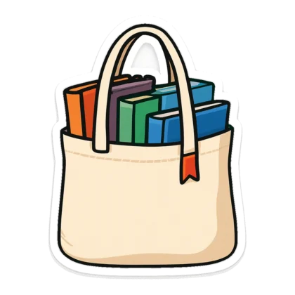 Library books clip art sticker of a canvas tote bag full of borrowed books