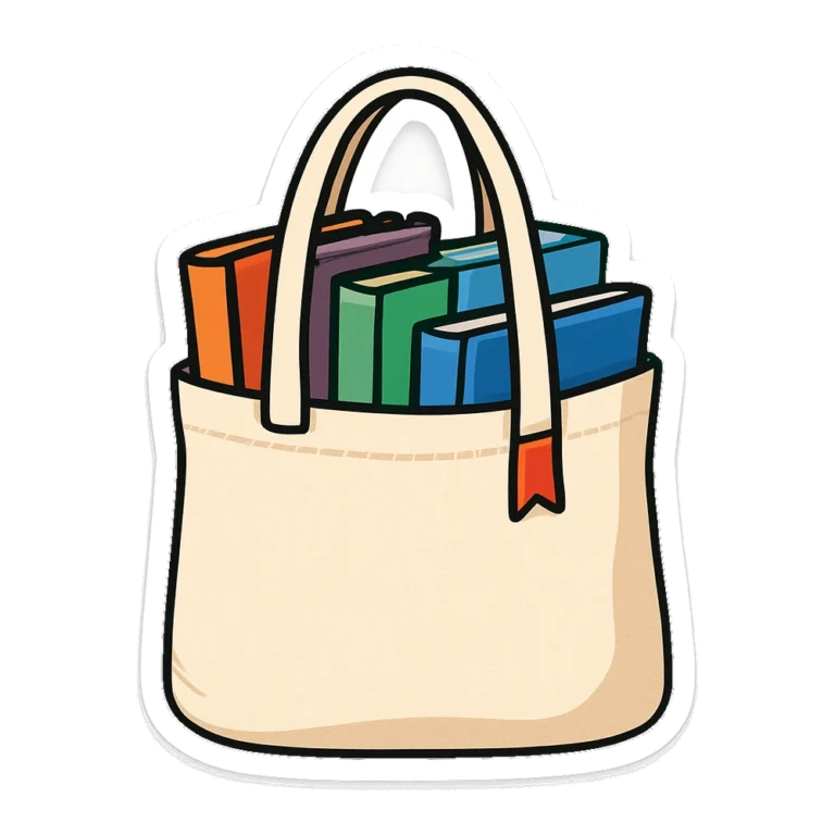 Library books clip art sticker of a canvas tote bag full of borrowed books