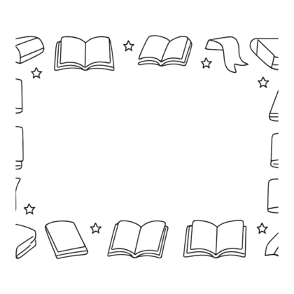 Library free clip art border in black outline made of books, bookmarks and stars