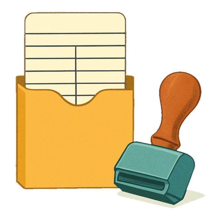 Library clipart of a retro library card in a paper pocket with a date stamp