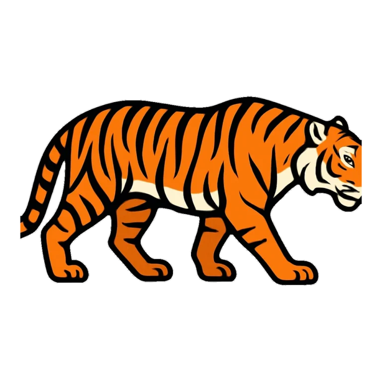 Bengal tiger clipart in flat colors of a striped tiger walking with its head low