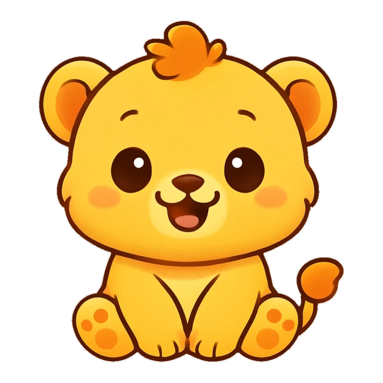 Cute lion clipart of a smiling lion cub with a tiny fluffy orange mane