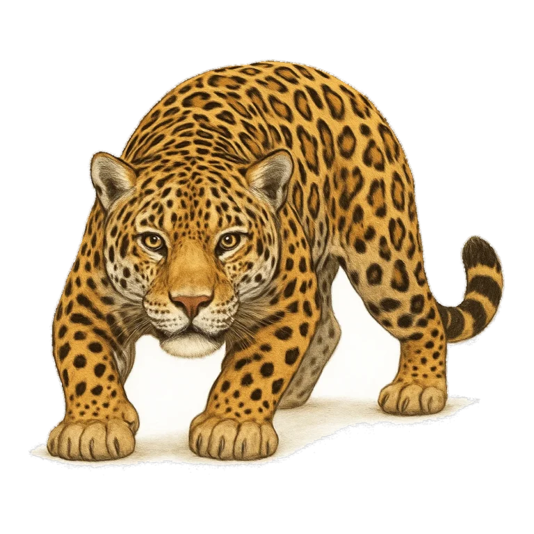 Jaguar clipart of a realistic jaguar crouching low with large rosette spots