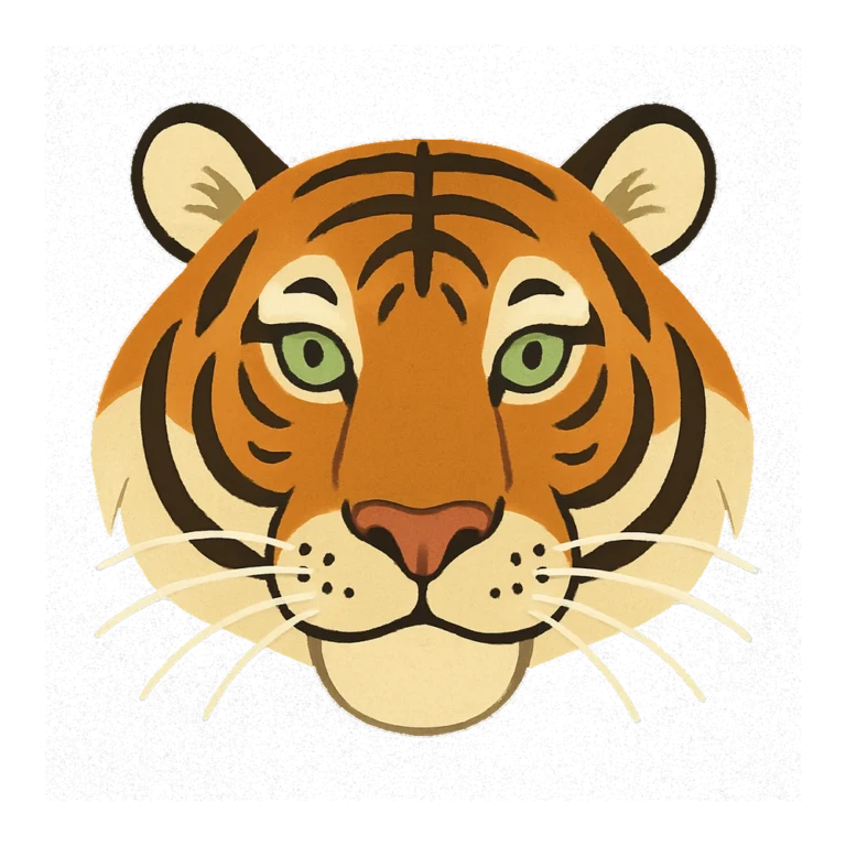 Tiger face clipart in a retro style, a front view of a tiger head with whiskers