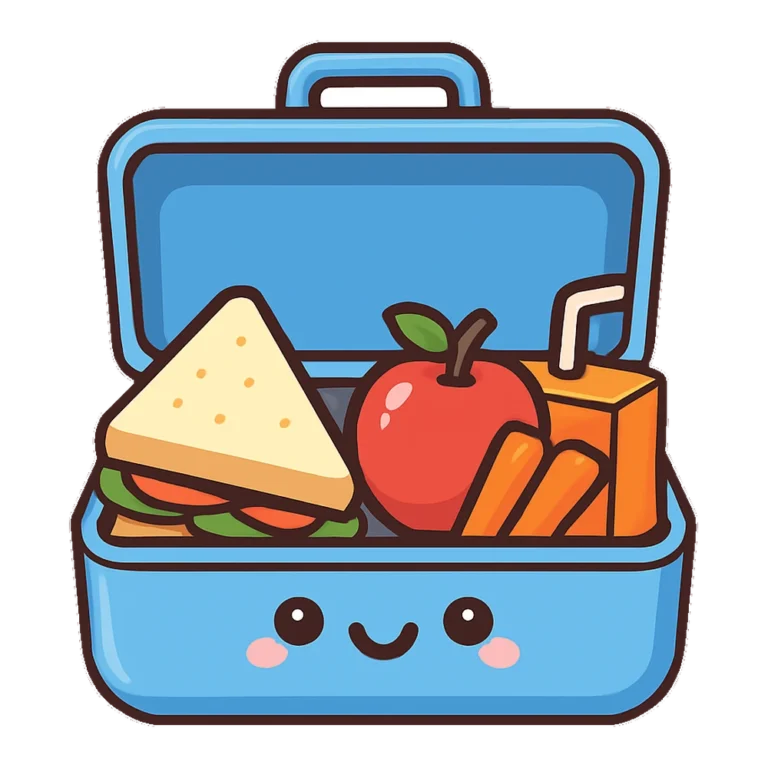 Cute lunch clipart of a smiling lunch box with a sandwich, apple and carrots
