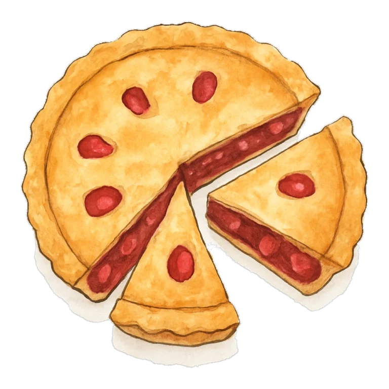 Fraction clipart in watercolor of a cherry pie cut into four equal slices