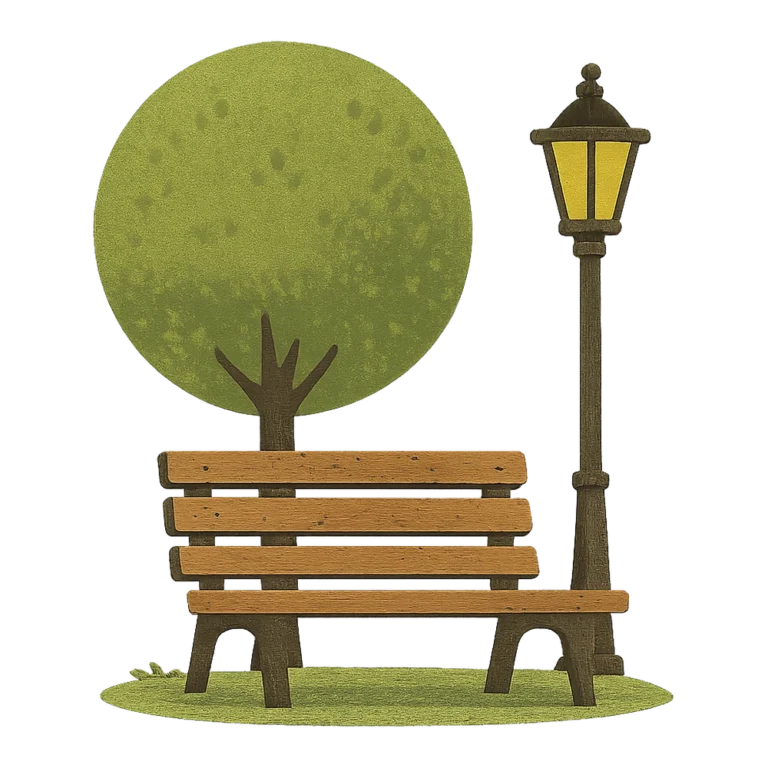 Park clipart of a retro park bench under a round tree beside a lamp post