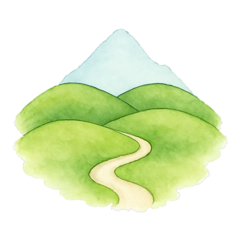Landscape clipart of rolling green hills and a far blue mountain painted in watercolor