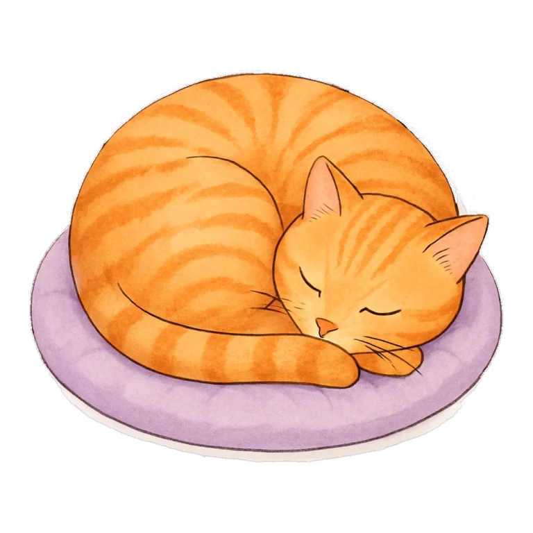 Nap clipart of an orange cat curled up asleep on a round cushion, in watercolor